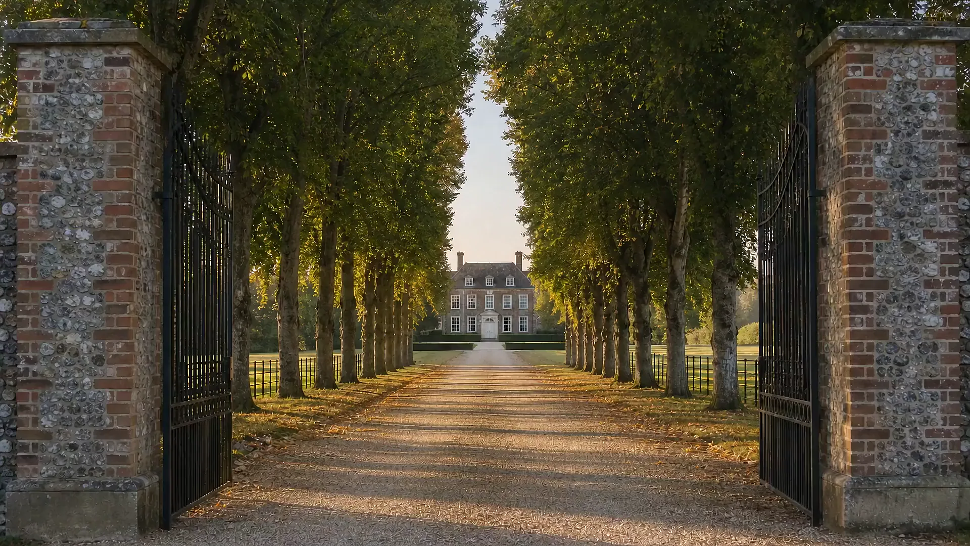 Dusk at the east gate of an English country estate, a lime avenue running up to a Georgian house.