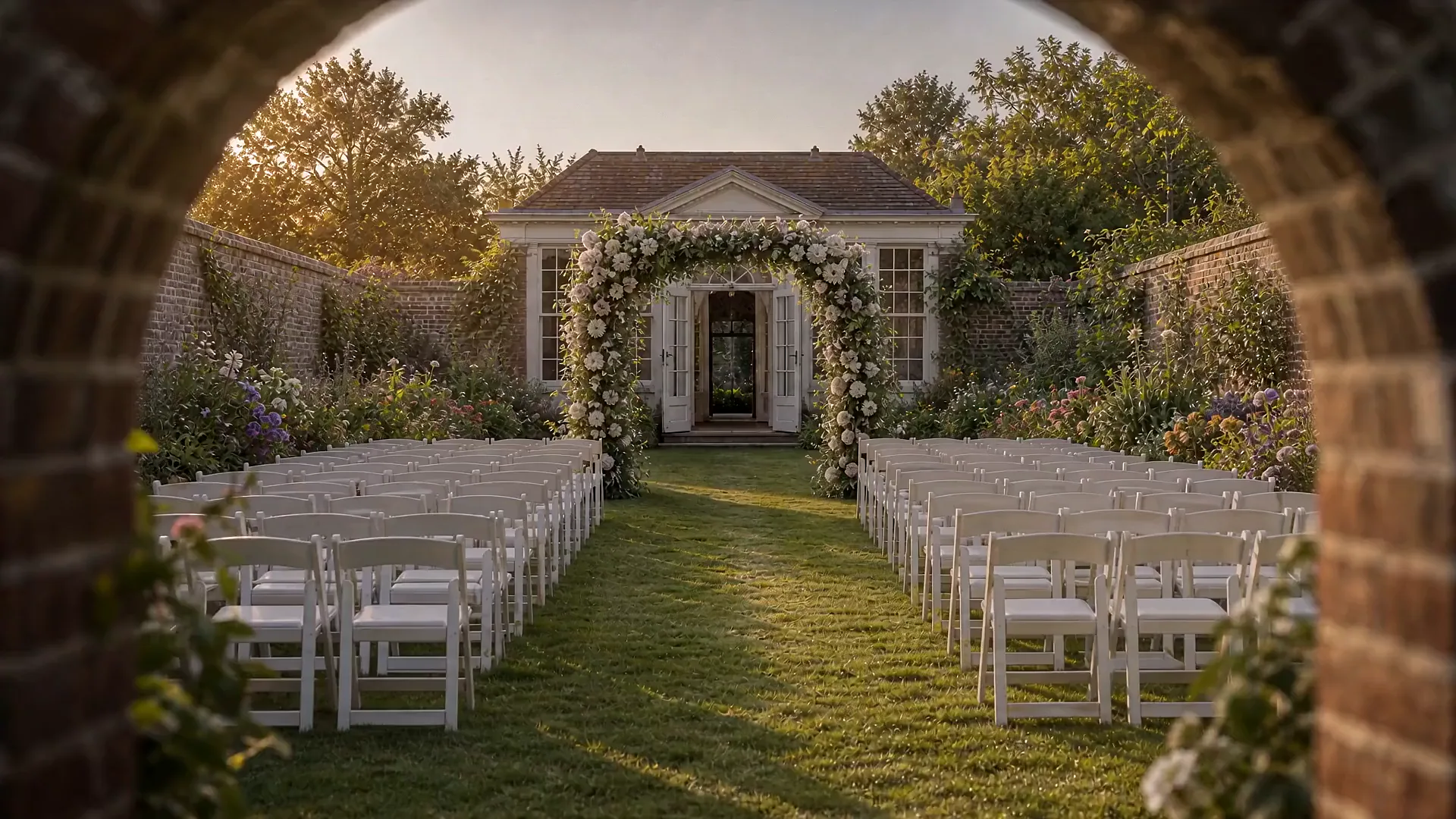 A walled garden set for a ceremony: white chairs on mown grass, deep September borders, the orangery doors open.