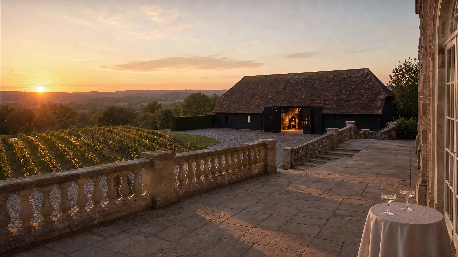A York stone terrace above a vine slope at golden hour, tables laid for drinks.