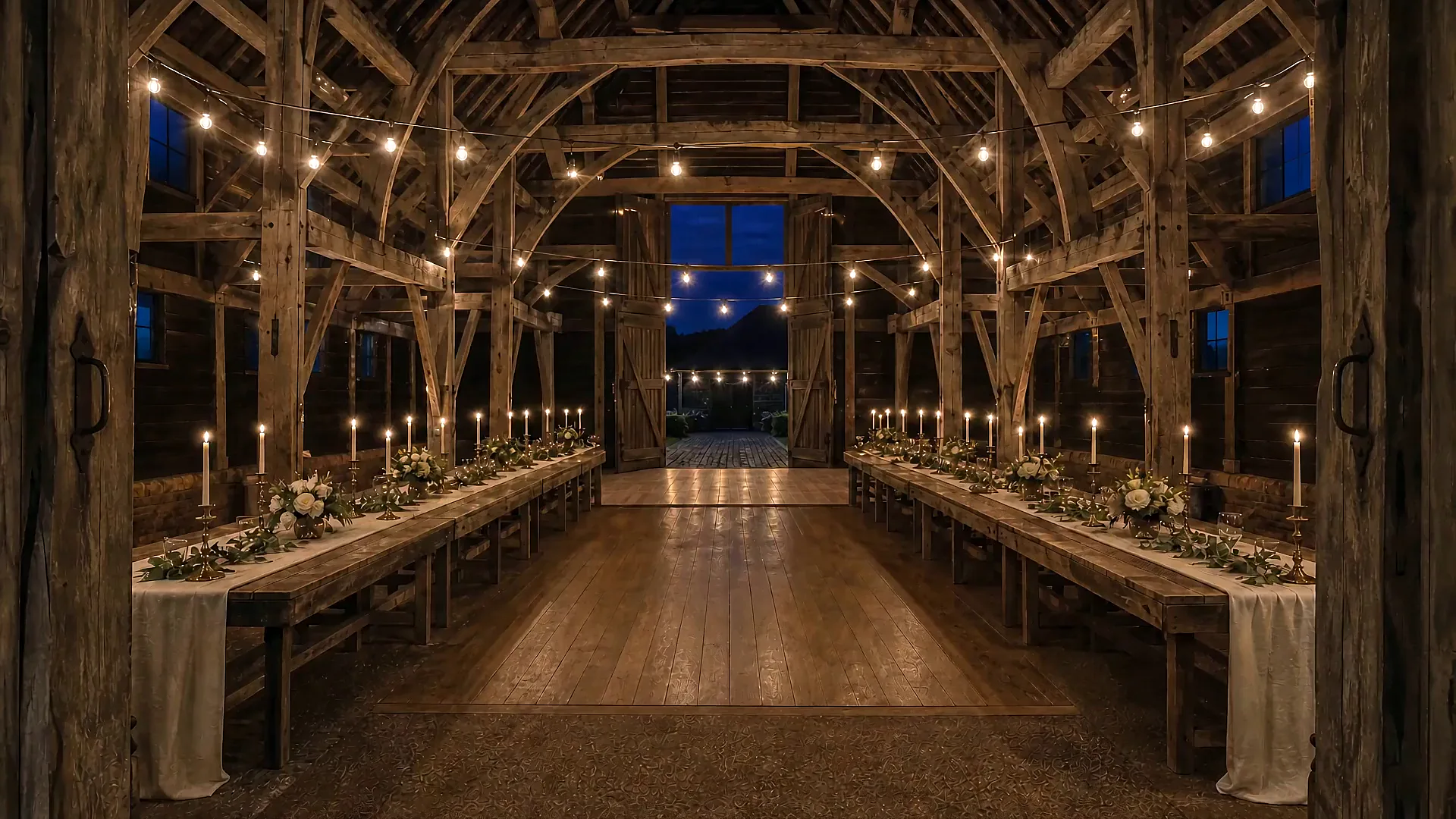 A black weatherboarded threshing barn at night, long tables under oak beams and festoon light.